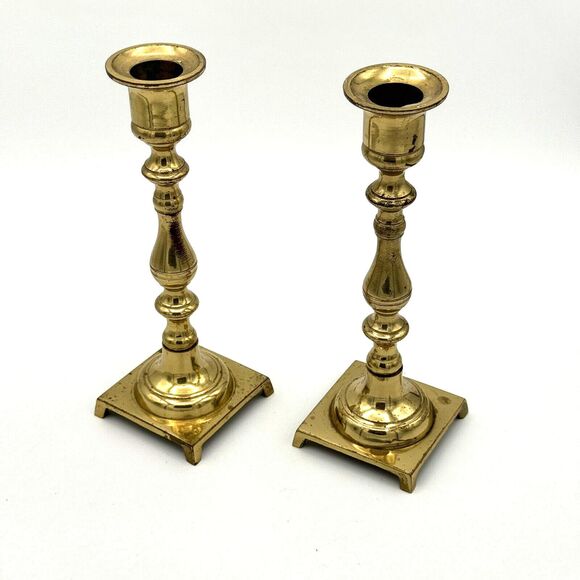 Vintage Square Base Brass 7" Tall Candle Holders Made in Japan Patina‎ Set of 2 - Picture 1 of 6